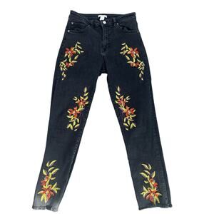 H&M - size 8 skinny jeans- frayed ends- floral embroidery- boho- black pants